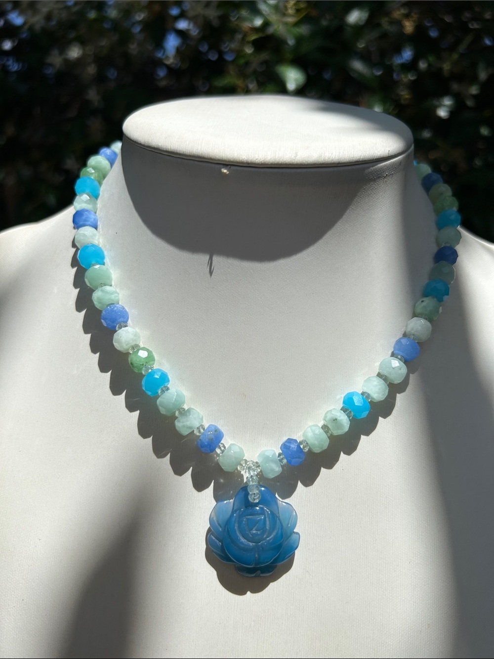 Artisan Sterling Silver Tourmaline Carved Rose Pendant Beaded Necklace
